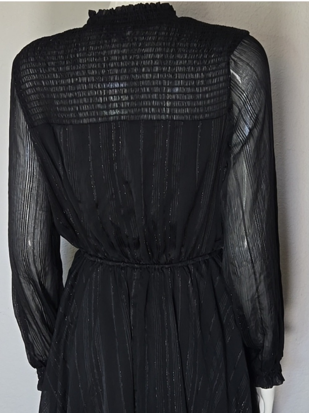 Nanette Lepore Sheer Long-Sleeve Handkerchief Hem Dress, Black w Silver, Sz 8 - Picture 6 of 9